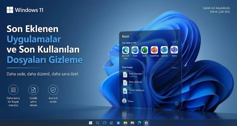 Windows 11 başlat menüsü gizlilik ve sadelik